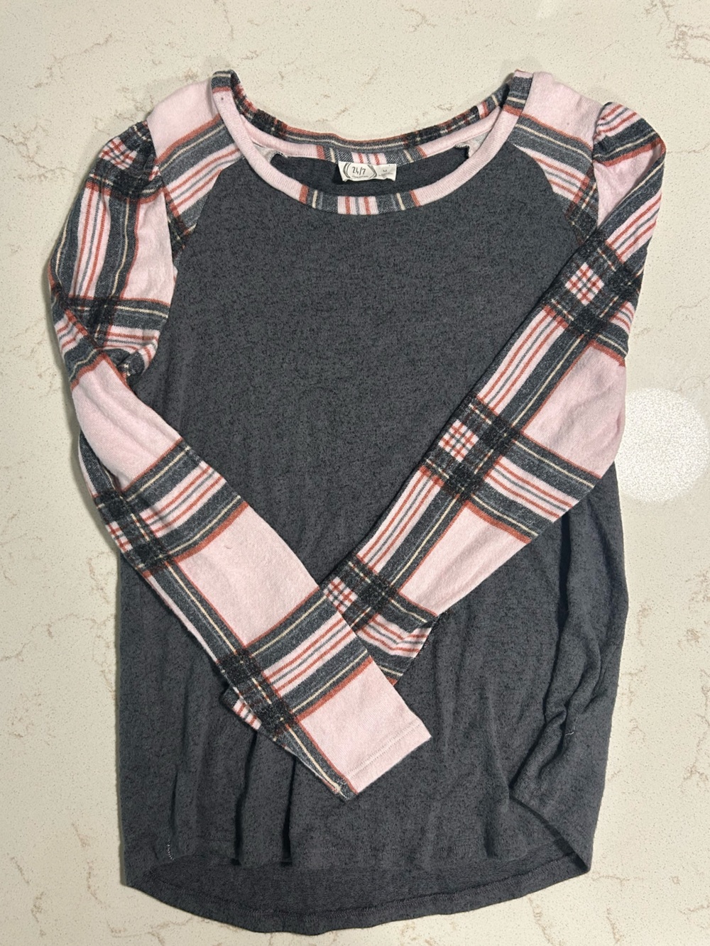 Gray Long Sleeve Raglan Top with Pink Plaid Sleeves
